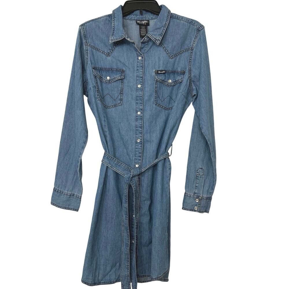 Wrangler Retro Western Cowgirl Denim Shirt Dress L – Pearl Snaps, Belted Rodeo